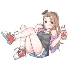 Rule 34 | 1girl, aa211108, asymmetrical bangs, black ribbon, blush, breasts, brown hair, collarbone, crossed legs, cup, dot mouth, dot nose, eating, forehead, full body, hair ribbon, holding, holding cup, idolmaster, idolmaster (classic), idolmaster million live!, idolmaster million live! theater days, jitome, long hair, looking at viewer, loose clothes, loose shirt, medium breasts, minase iori, off shoulder, red eyes, red footwear, ribbon, shirt, shoes, single sidelock, sitting, sneakers, solo, wavy hair, whipped cream