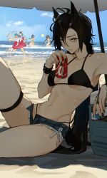 Rule 34 | 5girls, air shakur (umamusume), animal ears, antenna hair, ball, bare shoulders, beach, beach umbrella, beachball, bikini, black bikini, black hair, black nails, blue bikini, breasts, breasts apart, brown hair, can, carrying, carrying person, cloud, commentary request, cooler, cutoffs, daiwa scarlet (umamusume), day, drink can, eyebrow piercing, frown, gold ship (umamusume), grey hair, halterneck, highres, holding, holding can, horizon, horse ears, horse girl, horse tail, innertube, jenshenya, jewelry, long hair, medium breasts, mejiro mcqueen (umamusume), micro shorts, multiple girls, navel, ocean, one-piece swimsuit, outdoors, piercing, ring, running, sand, shade, shorts, sitting, soda can, solo focus, swim ring, swimsuit, tail, thigh strap, umamusume, umbrella, vodka (umamusume), water, wet, wristband