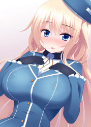 Rule 34 | 10s, 1girl, atago (kancolle), black gloves, blonde hair, blue eyes, blue hat, blush, breast suppress, breasts, gloves, hat, kantai collection, large breasts, long hair, looking at viewer, military, military uniform, nase, open mouth, personification, solo, uniform