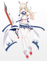 Rule 34 | 1girl, absurdres, armpit peek, ayanami (azur lane), azur lane, bad id, bad pixiv id, belt, blue skirt, choker, closed mouth, collarbone, commentary request, detached sleeves, dot mouth, dot nose, eyes visible through hair, full body, gradient background, groin, hair ornament, hairclip, hareriya, headgear, highres, holding, holding sword, holding weapon, long hair, looking at viewer, midriff, navel, orange eyes, pleated skirt, ponytail, retrofit (azur lane), ribbon-trimmed sleeves, ribbon trim, school uniform, serafuku, sidelocks, silver hair, simple background, skirt, solo, sword, thighhighs, weapon, white background, white thighhighs, wide sleeves, zettai ryouiki