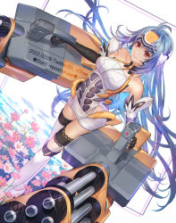 Rule 34 | 1girl, android, bare shoulders, blue hair, breasts, cleavage, closed mouth, commentary request, dual wielding, elbow gloves, forehead protector, gloves, highres, holding, holding weapon, kos-mos, long hair, looking at viewer, medium breasts, ohse, red eyes, smile, solo, thighhighs, very long hair, weapon, xenosaga