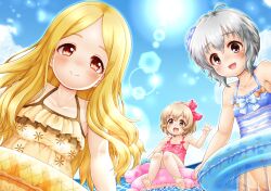 Rule 34 | 3girls, :d, bare arms, bare shoulders, blonde hair, blue sky, blush, bow, breasts, brown eyes, brown hair, brown one-piece swimsuit, closed mouth, cloud, collarbone, commentary request, day, forehead, grey hair, horizon, idolmaster, idolmaster cinderella girls, innertube, koga koharu, long hair, mochizuki hijiri, multiple girls, narumiya yume, ocean, one-piece swimsuit, open mouth, outdoors, parted bangs, pink one-piece swimsuit, red eyes, regular mow, signature, sky, small breasts, smile, striped bow, swim ring, swimsuit, very long hair, water