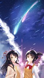 Rule 34 | 10s, 2girls, baozha gangbi, black hair, blush, brown eyes, cloud, comet, commentary request, diffraction spikes, dual persona, hair ribbon, highres, jewelry, kimi no na wa., long hair, long sleeves, looking at viewer, miyamizu mitsuha, multiple girls, necklace, night, night sky, aged up, pendant, red ribbon, ribbon, sky, star (sky), star (symbol), star necklace, starry sky, sweater vest