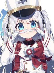 Rule 34 | bag, blue archive, blue eyes, blush, cherino (blue archive), emblem, fake facial hair, fake mustache, gloves, hair between eyes, hair ornament, highres, long hair, looking at viewer, portrait, school uniform, silver hair, simple background, smile, solo, v1girl, wagashi928, white background