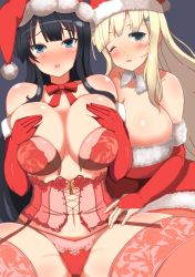 Rule 34 | 10s, 2girls, :o, ;), bare shoulders, black hair, blonde hair, blue eyes, blunt bangs, blush, bow, bowtie, bra, breast press, breasts, bridal gauntlets, bridgeless bra, bursting breasts, christmas, cleavage, corset, covering privates, covering breasts, detached collar, elbow gloves, fur trim, garter straps, gloves, green eyes, hair ornament, hairclip, hat, highres, huge breasts, ikaruga (senran kagura), lace, lace-trimmed legwear, lace trim, large breasts, legs, long hair, looking at viewer, multiple girls, navel, one eye closed, panties, parted lips, red bow, red bowtie, red bra, red gloves, red legwear, red panties, rizza, santa costume, santa hat, senran kagura, senran kagura new wave, smile, spread legs, stomach, strapless, strapless bra, thighhighs, thighs, underwear, yomi (senran kagura)