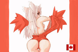 Rule 34 | 1girl, animal ears, ass, bodysuit, breasts, brown eyes, canada, canadian flag, cosplay, costume, dressing, female focus, flag, from behind, inubashiri momiji, leaning forward, long hair, looking back, nana-shi hostler, nanaashi, original, panties, personification, red theme, sideboob, silver hair, sketch, solo, standing, thigh gap, thighs, thong, touhou, underwear, undressing, unzipped, wolf ears