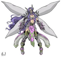 Rule 34 | 1girl, absurdres, alternate costume, armor, armored boots, belt, boots, digimon, digimon (creature), dress, facial mark, fairimon, fairy, fairy wings, female focus, full body, gloves, highres, long hair, looking at viewer, mask, original, pauldrons, purple hair, shoulder armor, signature, simple background, solo, spiked pauldrons, very long hair, white background, wings