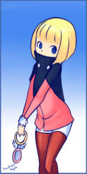Rule 34 | 1girl, black cape, bleach, blonde hair, blue background, blue eyes, boots, cape, clock, drantyno, fur-trimmed jacket, fur trim, gradient background, highres, holding, jacket, long sleeves, looking to the side, pink jacket, red footwear, ririn, short hair, shorts, smile, standing, thigh boots, white shorts
