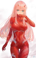 Rule 34 | 10s, 1girl, arm at side, blood, blood on face, blue eyes, blush, bodysuit, breasts, closed mouth, covered navel, darling in the franxx, gluteal fold, hand to own mouth, highres, horns, kisei2, large breasts, legs together, long hair, looking at viewer, pilot suit, pink hair, red bodysuit, shiny clothes, skin tight, smile, solo, standing, thigh gap, zero two (darling in the franxx)
