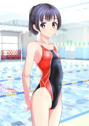 Rule 34 | 1girl, absurdres, arms behind back, black hair, blurry, blurry background, breasts, brown eyes, clothes writing, competition swimsuit, cowboy shot, highres, lane line, logo, looking at viewer, multicolored clothes, multicolored swimsuit, one-piece swimsuit, original, ponytail, pool, short hair, short ponytail, small breasts, smile, solo, standing, string of flags, swimsuit, takafumi