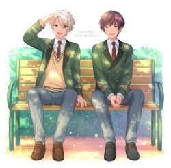 Rule 34 | 2boys, bench, black footwear, brown footwear, bush, collared shirt, commentary request, dappled sunlight, dated, full body, green eyes, green jacket, grey pants, hand up, happy birthday, highres, hinase midori, jacket, kokuyo mamoru, looking at another, looking at viewer, male focus, multiple boys, necktie, on air!, open mouth, outdoors, pants, park bench, red necktie, sekina, shading face, shirt, smile, striped necktie, sunlight, sweater, sweater vest, white hair, white shirt, yellow sweater