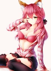 Rule 34 | 10s, 1girl, animal ears, bra, breasts, cleavage, ears through headwear, fate/extra, fate/grand order, fate (series), fox ears, fox tail, highres, long hair, long sleeves, medium breasts, official alternate costume, one eye closed, pink bra, pink hair, rubbing eyes, simple background, sitting, sleepy, solo, striped, tail, tamamo (fate), tamamo no mae (fate/extra), tamamo no mae (spring casual) (fate), thighhighs, underwear, wariza, white background, wsman, yellow eyes