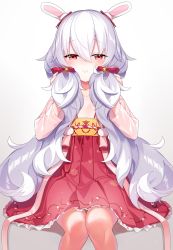 Rule 34 | 1girl, :i, animal ears, azur lane, bell, blush, bow, cheek squash, closed mouth, commentary request, dress, gradient background, grey background, hair bell, hair between eyes, hair bow, hair ornament, highres, jingle bell, kinsenka momi, laffey (azur lane), laffey (white rabbit welcomes the spring) (azur lane), long sleeves, looking at viewer, pleated dress, rabbit ears, red bow, red dress, red eyes, silver hair, sitting, solo, twintails, white background