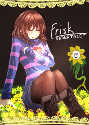Rule 34 | :d, androgynous, black background, blush, boots, brown dress, brown hair, brown legwear, brown ribbon, character name, closed eyes, copyright name, creature, cross-laced footwear, dress, field, flower, flower field, flowey (undertale), frisk (undertale), full body, gender request, glowing, hair between eyes, heart, highres, hugging object, knee boots, knees together feet apart, long sleeves, monster, multicolored shirt, open mouth, pantyhose, poyosuke, purple skirt, ribbon, roots, round teeth, short hair, simple background, sitting, skirt, smile, solid oval eyes, striped clothes, striped sweater, sweater, teeth, turtleneck, undertale