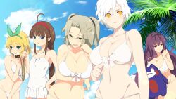 Rule 34 | 5girls, :3, absurdres, ahoge, bdsm, bebe-tan, between legs, bikini, black bow, black ribbon, blonde hair, blue eyes, blush, bow, braid, breasts, brown hair, cleavage, clenched hand, cloud, collar, collarbone, curvy, day, dress swimsuit, drooling, femdom, game cg, glasses, green bow, green eyes, groin, hair between eyes, hair bow, hair ribbon, hairband, hand between legs, hand on own hip, heterochromia, highres, holding, holding leash, imu (senran kagura), large breasts, leash, linea alba, long hair, masochism, miyabi (senran kagura), multiple girls, murasaki (senran kagura), navel, official art, one-piece swimsuit, open mouth, palm leaf, palm tree, purple eyes, purple hair, red hairband, ribbon, ryoubi (senran kagura), ryouna (senran kagura), senran kagura, senran kagura estival versus, senran kagura shinovi versus, short hair, single braid, sky, slave, slit pupils, small breasts, smile, stuffed toy, swimsuit, tree, twintails, very long hair, white bikini, white bow, white hair, white one-piece swimsuit, yaegashi nan, yellow eyes, yuri
