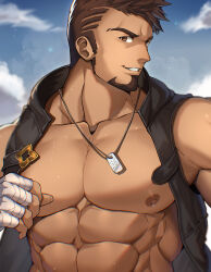 Rule 34 | 1boy, abs, absurdres, bad link, bandaged hand, bandages, bara, bare pectorals, bare shoulders, cloud, cloudy sky, dark-skinned male, dark skin, dog tags, facial hair, goatee, highres, large pectorals, long sideburns, looking at viewer, male focus, mature male, muscular, muscular male, nipples, original, pectorals, short hair, sideburns, sky, sleeveless, sleeveless jacket, smirk, solo, stomach, sweat, tekkowang, thick eyebrows, upper body