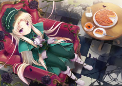 Rule 34 | 10s, 1girl, :o, armchair, black flower, black rose, blonde hair, boots, bound, bound wrists, capelet, chair, checkered floor, cup, flower, food, fork, from above, full body, gloves, green pants, grey gloves, hairband, jar, kaitou tenshi twin angel, knee boots, kouzu shou, lolita fashion, lolita hairband, long hair, long sleeves, pants, petals, pie, plant, plate, purple eyes, rose, salome (twin angel 3), shadow, sitting, solo focus, stuffed animal, stuffed toy, sugar cube, table, teacup, teddy bear, tied up (nonsexual), twin angel, very long hair, vines, white footwear
