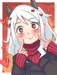 Rule 34 | 1girl, black horns, blush, demon horns, hands up, heart, heart-shaped pupils, helltaker, highres, horns, kuhn (happycat), looking at viewer, modeus (helltaker), red eyes, red sweater, ribbed sweater, smile, solo, sweater, symbol-shaped pupils, turtleneck, turtleneck sweater, upper body, white hair