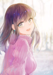 Rule 34 | 1girl, :d, absurdres, artist name, backlighting, blue eyes, blush, breasts, brown hair, commentary request, earrings, eyelashes, from side, head tilt, highres, jewelry, kisei2, long hair, looking at viewer, looking to the side, medium breasts, open mouth, original, pink sweater, round teeth, signature, smile, solo, sweater, teeth, turtleneck, turtleneck sweater, upper body, upper teeth only