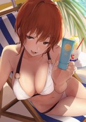 Rule 34 | 1girl, :d, akito (d30n26), arm support, beach umbrella, bikini, blush, bottle, breasts, brown eyes, brown hair, chair, cleavage, deck chair, groin, highres, holding, holding bottle, large breasts, looking at viewer, lotion, lounge chair, nagi (akito), navel, o-ring, o-ring bikini, open mouth, original, outdoors, shade, short hair, sidelocks, sitting, smile, solo, stomach, sunscreen, swimsuit, table, thighs, umbrella, white bikini