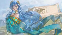 Rule 34 | 1girl, 37 (reverse:1999), architecture, bare shoulders, blue hair, blue robe, blue sky, dutch angle, gold choker, greco-roman architecture, hair between eyes, hand on own chest, hand up, highres, laurel crown, liuyang19905443, long hair, looking to the side, outdoors, parted lips, reverse:1999, robe, rock, sky, solo, turning head, upper body, very long hair, wind