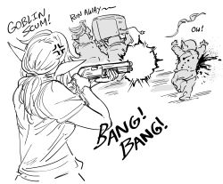 Rule 34 | 1girl, 3boys, aiming, anger vein, bb (baalbuddy), blood, blood splatter, commentary, elf, english commentary, english text, firing, goblin, greyscale, gun, highres, holding, holding gun, holding weapon, long hair, monochrome, multiple boys, original, pointy ears, rioting, shirt, short sleeves, shotgun, simple background, television, weapon, white background