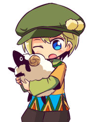 Rule 34 | 1boy, ;o, animal, animal hug, blonde hair, blue eyes, blush, brown pants, cabbie hat, commentary request, etrian odyssey, farmer (sekaiju), green hat, hair between eyes, hat, layered sleeves, long sleeves, male focus, naga u, one eye closed, open mouth, orange shirt, pants, sekaiju no meikyuu, sekaiju no meikyuu 3, sheep, shirt, short over long sleeves, short sleeves, simple background, solo, white background