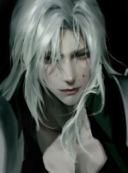 Rule 34 | 1boy, armor, black background, blood, blood on face, final fantasy, final fantasy vii, final fantasy vii remake, green eyes, grey hair, hair over one eye, highres, light smile, long hair, looking at viewer, male focus, parted bangs, pauldrons, sephiroth, shoulder armor, slit pupils, solo, upper body, vegaressi