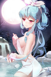 Rule 34 | 1girl, bad id, bad pixiv id, bare shoulders, blue hair, blush, bow, breasts, cleavage, full moon, gilse, hair ribbon, highres, holding, large breasts, linus falco, long hair, moon, night, onsen, open mouth, outdoors, outstretched arm, parted lips, partially submerged, ponytail, red eyes, ribbon, sideboob, sitting, smile, solo, star (symbol), sword girls, towel, very long hair, water, wavy hair, wet