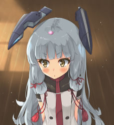 Rule 34 | 10s, 1girl, aito (indigorabbit), arms at sides, blunt bangs, blush, check commentary, commentary request, covered collarbone, embarrassed, eyelashes, from above, hair ribbon, headgear, indoors, kantai collection, long hair, murakumo (kancolle), murakumo kai ni (kancolle), necktie, petals, ribbon, silver hair, solo, standing, v-shaped eyebrows, very long hair, wooden floor, yellow eyes