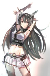 Rule 34 | 10s, 1girl, armpits, arms up, bad id, bad pixiv id, black hair, breasts, cowboy shot, fingerless gloves, garter straps, gloves, groin, hairband, headgear, highres, kantai collection, lips, long hair, looking at viewer, midriff, miniskirt, nagato (kancolle), navel, pleated skirt, red eyes, shadow, skirt, solo, stretching, thighhighs, truth (redeye19), very long hair, white background
