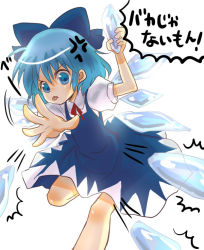 Rule 34 | 1girl, :p, angry, blue hair, cirno, dress, female focus, girotin ginza, ice, ribbon, short hair, solo, embodiment of scarlet devil, tongue, tongue out, touhou, translated, white background