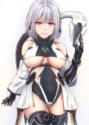 Rule 34 | 1girl, alternate costume, bare shoulders, black thighhighs, breasts, collarbone, covered navel, girls&#039; frontline, large breasts, lips, looking at viewer, mechanical arms, medium hair, paradeus, purple eyes, revealing clothes, rpk-16 (girls&#039; frontline), silver hair, simple background, smile, solo, spoilers, tagme, thighhighs, white background, xlscaler