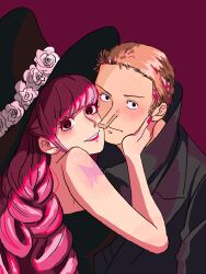 Rule 34 | 1boy, 1girl, arm up, black dress, black hat, black jacket, blunt bangs, cheek-to-cheek, closed mouth, collared jacket, colored eyelashes, commentary, dress, english commentary, flower, hand on another&#039;s face, hat, heads together, hehehe00777, highres, jacket, kaku (one piece), lipstick, long hair, long nose, looking at viewer, makeup, nail polish, one piece, orange hair, perona, pink eyes, pink hair, red background, red lips, red nails, short hair, shoulder tattoo, sideburns, smile, tattoo, top hat, upper body, white flower