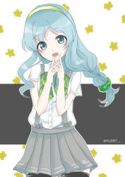 Rule 34 | 10s, 1girl, arm warmers, black thighhighs, braid, dress shirt, floret, grey eyes, grey hair, hairband, highres, kantai collection, loafers, long hair, open mouth, pleated skirt, school uniform, shirt, shoes, sidelocks, single braid, skirt, smile, suspenders, thighhighs, wavy hair, yamagumo (kancolle)