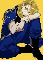 Rule 34 | 1girl, black footwear, black shirt, blonde hair, blue jacket, blue pants, boots, bracelet, brown eyes, commentary request, fullmetal alchemist, highres, jacket, jewelry, long hair, looking at viewer, military, military uniform, ozaki (tsukiko3), pants, parted lips, riza hawkeye, shirt, simple background, sitting, solo, uniform, yellow background
