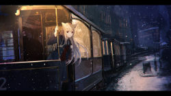 Rule 34 | 1girl, absurdres, animal ears, bag, blonde hair, blue jacket, blue skirt, braid, cat ears, city, commentary request, highres, jacket, letterboxed, long hair, looking at viewer, necktie, night, night sky, original, outdoors, red eyes, sagiri (ulpha220), scenery, shirt, shoulder bag, skirt, sky, smile, snow, snowing, solo, streetcar, striped necktie, striped neckwear, twin braids, vehicle focus, very long hair, white shirt, winter, winter clothes