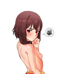 Rule 34 | 1girl, absurdres, annoyed, bare arms, bare back, blush, breasts, brown hair, choker, clothes pull, dress pull, highres, kono subarashii sekai ni shukufuku wo!, looking at viewer, megumin, no bra, no nipples, pout, red eyes, short hair, sideboob, simple background, small breasts, solo, thought bubble, white background