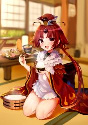 Rule 34 | 1girl, absurdres, benienma (fate), bird hat, blurry, blurry background, fate/grand order, fate (series), highres, japanese clothes, kida kuro mu, kimono, kneeling, long hair, long sleeves, looking at viewer, low ponytail, open mouth, parted bangs, red eyes, red hair, rice, shamoji, solo, table, wide sleeves