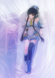 Rule 34 | absurdres, asymmetrical legwear, bad id, bad pixiv id, bed, detached sleeves, end (wzjwll), hair rings, hair tubes, highres, looking up, luo tianyi, mismatched legwear, mosquito net, pillow, solo, vocaloid