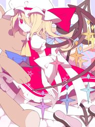 Rule 34 | 1girl, bare arms, bing zizi, blonde hair, blue bow, blue bowtie, bow, bowtie, expressionless, flandre scarlet, frilled skirt, frills, hair over one eye, hat, hat ribbon, highres, kneeling, long hair, looking at viewer, miniskirt, mob cap, one side up, over-kneehighs, puffy short sleeves, puffy sleeves, red eyes, red ribbon, red skirt, ribbon, short sleeves, skirt, skirt set, solo, star (symbol), stuffed animal, stuffed toy, teddy bear, thighhighs, touhou, vest, white hat, white thighhighs, wings
