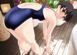 1girl absurdres ass barefoot bent_over black_hair black_one-piece_swimsuit blue_eyes competition_swimsuit highleg highleg_one-piece_swimsuit highres looking_at_viewer looking_back one-piece_swimsuit original plant potted_plant short_hair solo stretching swimsuit takafumi wooden_deck