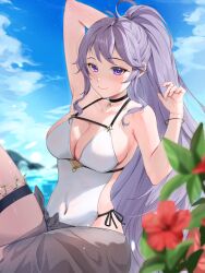 1girl absurdres alternate_costume beach blue_sky blush breasts cleavage closed_mouth clothing_cutout commentary commission covered_navel day english_commentary fire_emblem fire_emblem:_genealogy_of_the_holy_war flower grey_sarong highres ishtar_(fire_emblem) large_breasts long_hair looking_at_viewer monokawa_(iurl1z) nintendo one-piece_swimsuit outdoors ponytail purple_eyes purple_hair sarong second-party_source sideboob sky smile solo swimsuit very_long_hair water white_one-piece_swimsuit