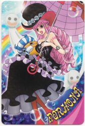Rule 34 | 1girl, black dress, boots, breasts, devil fruit, dress, drill hair, full body, hat, highres, holding, holding umbrella, horo horo no mi, large breasts, logo, long hair, looking at viewer, official art, one piece, open mouth, perona, pink hair, rainbow, scan, sky, smile, solo, stuffed animal, stuffed toy, thigh boots, umbrella, very long hair