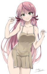 Rule 34 | 1girl, akashi (kancolle), apron, blunt tresses, breasts, brown apron, commentary request, covered navel, cowboy shot, gakky, green eyes, hair ribbon, highres, kantai collection, large breasts, leaning to the side, long hair, looking at viewer, naked apron, one-hour drawing challenge, pink hair, ribbon, simple background, solo, tress ribbon, white background