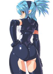 Rule 34 | 10s, 1girl, ass, bad id, bad pixiv id, blue hair, brown eyes, busou shinki, dd (ijigendd), doll joints, hand on own hip, joints, looking back, pointy ears, ponytail, proxima, short hair, simple background, smile, solo, white background
