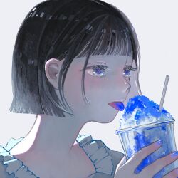 Rule 34 | 1girl, absurdres, black hair, blue nails, blunt bangs, blunt ends, cup, disposable cup, eyelashes, food, frills, from side, hair behind ear, hanio3, highres, holding, holding cup, holding food, nail polish, original, portrait, purple eyes, shaved ice, short hair, simple background, solo, straight hair, tongue, tongue out, white background