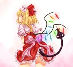 Rule 34 | 1girl, bad id, bad pixiv id, blonde hair, blush, bow, crystal, flandre scarlet, frilled skirt, frills, from behind, hat, hat ribbon, koto inari, laevatein, laevatein (tail), long hair, looking back, mob cap, pink bow, red eyes, red ribbon, red skirt, ribbon, side ponytail, sideways mouth, skirt, skirt set, solo, tail, touhou, white hat, wings