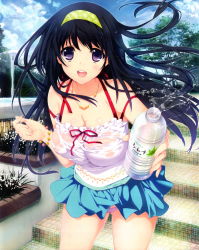 Rule 34 | 1girl, :d, absurdres, bad id, bad yandere id, black hair, blue skirt, blue sky, bottle, brand name imitation, breasts, casual, cleavage, cloud, covered erect nipples, day, hairband, highres, iizuki tasuku, jewelry, lamppost, large breasts, long hair, looking at viewer, necklace, no bra, open mouth, outdoors, panties, pantyshot, park, pink panties, plant, purple hair, see-through, skirt, sky, smile, solo, stairs, standing, tree, underwear, upskirt, water bottle, wet, wet clothes