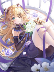 Rule 34 | 1girl, ass, bare shoulders, birdcage, blonde hair, bouquet, bug, butterfly, cage, elbow gloves, eyepatch, fischl (genshin impact), flower, genshin impact, gloves, green eyes, highres, holding, holding flower, insect, light blush, light rays, miaogujun, neck ribbon, pantyhose, princess dress, purple gloves, purple ribbon, purple skirt, ribbon, rose, skirt, white flower, white pantyhose, white rose